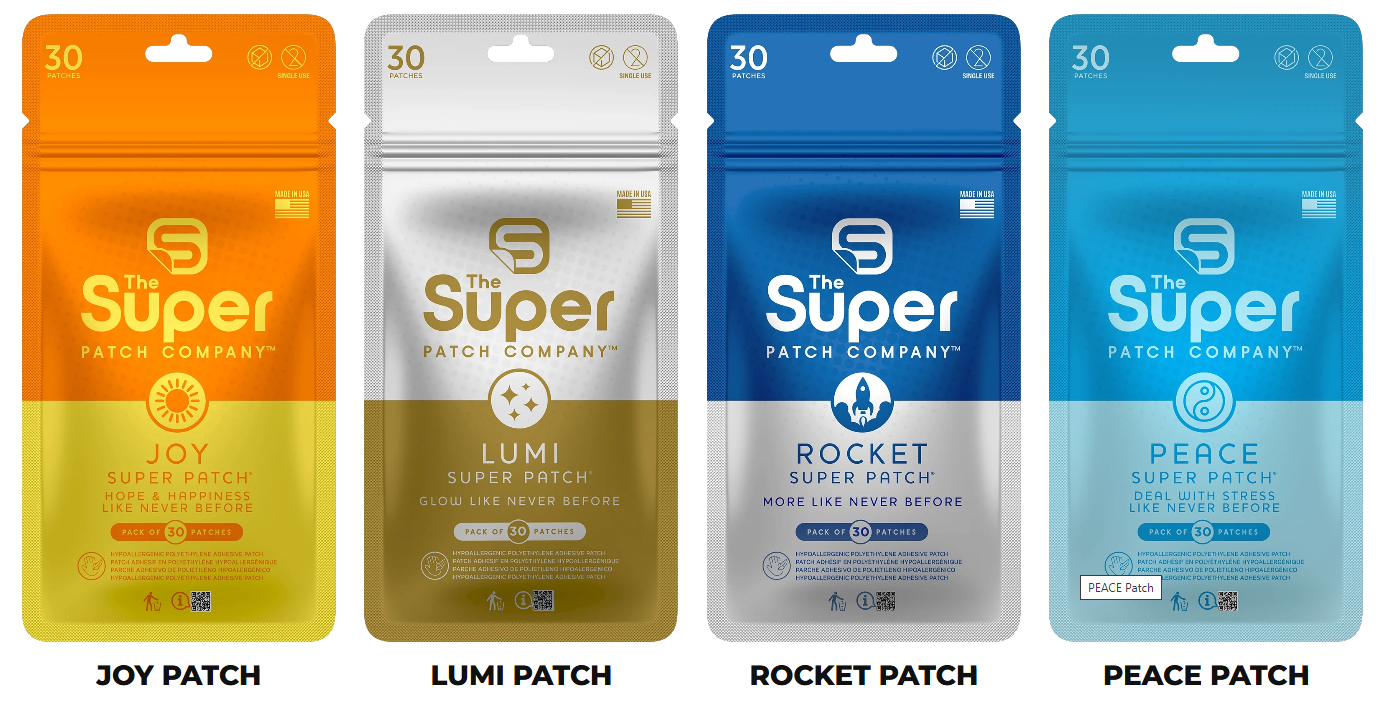 Joy, Lumi, Rocket and Peace Super Patch product pouches
